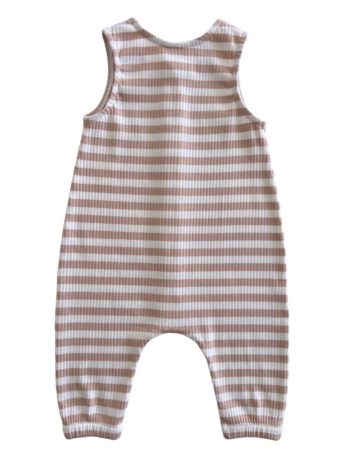 Tan Stripe / Organic Ribbed Bay Jumpsuit: 0-3M