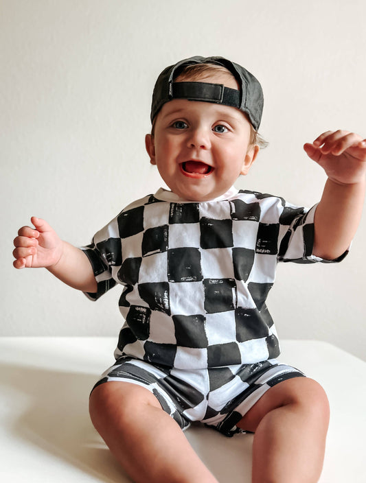 Organic Cotton Black & White Checkered Shorts Set