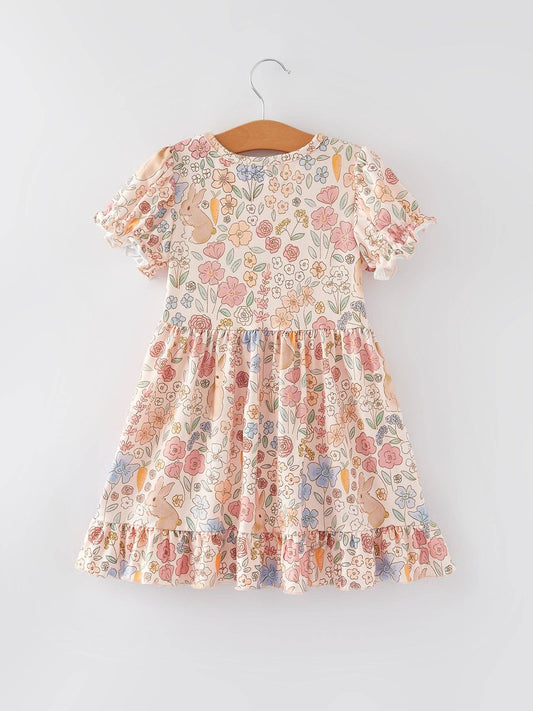 Easter Bunny Floral Puff Sleeves Girls Dress