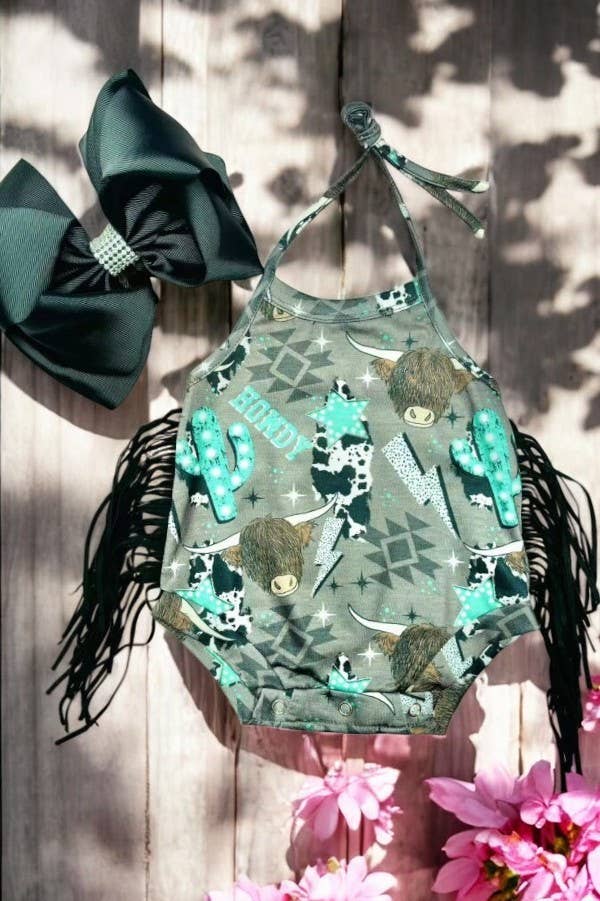 HOWDY COW TASSEL ROMPER