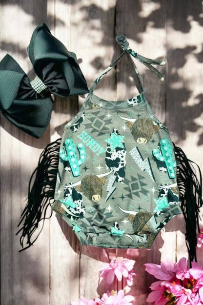 HOWDY COW TASSEL ROMPER
