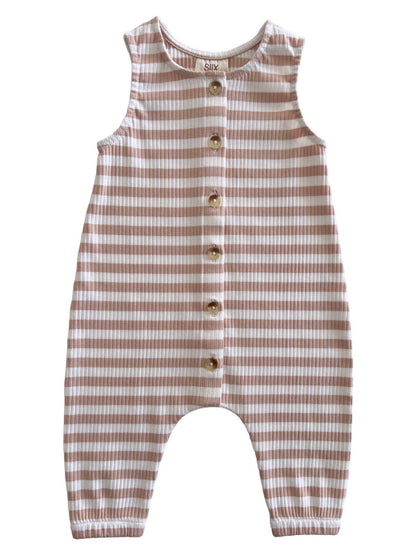 Tan Stripe / Organic Ribbed Bay Jumpsuit: 0-3M