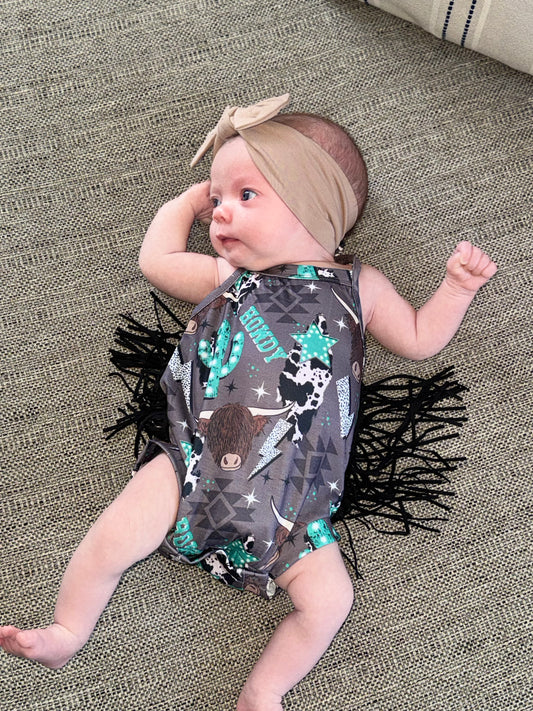 HOWDY COW TASSEL ROMPER