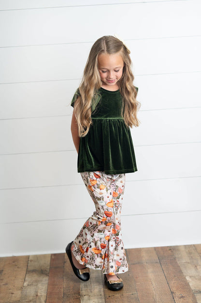 Olive Ruffle Top + Floral Bell Bottom Set