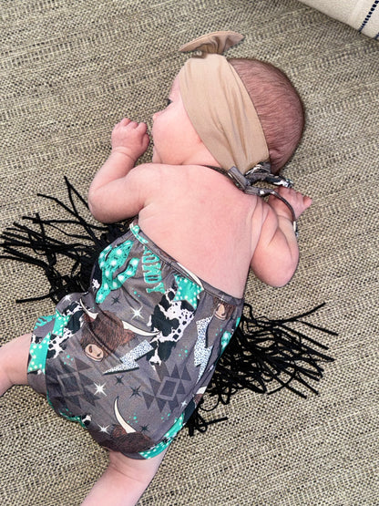 HOWDY COW TASSEL ROMPER
