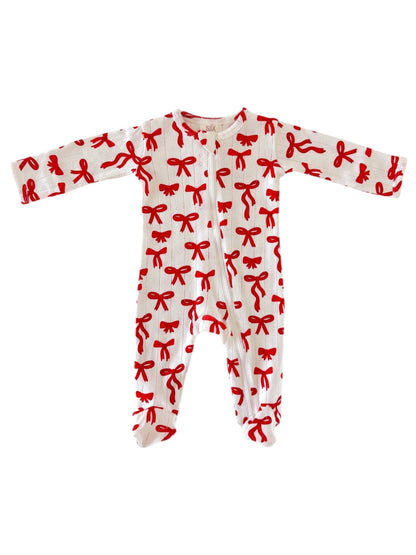 Red Bows / Organic Pointelle 2-Way Zip Footie