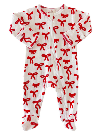 Red Bows / Organic Pointelle 2-Way Zip Footie